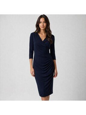 NWT Velvet Navy Faux Wrap Midi Dress M Ruched Modest Special Occasion Classic